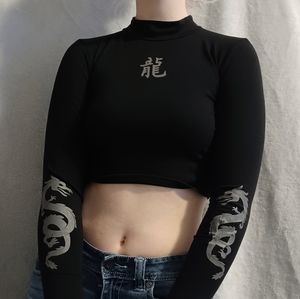 Black Long Sleve Dragon Crop Top